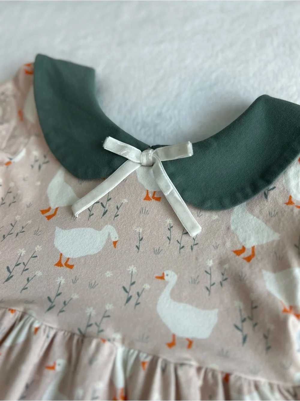 Girls Taupe Goose-Print Dress with Green Peter Pan Collar